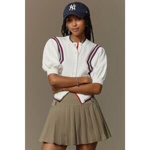 Anthropologie Maeve Puff-Sleeve Inset-Graphic Cardigan Sweater cropped medium